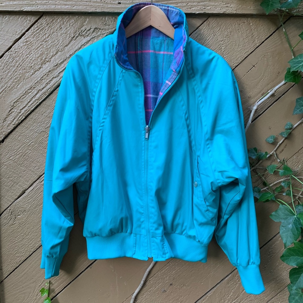 VTG 80’s Head Sportswear Reversible teal PLAID Bomber Jacket Sz M zip-up coat - Picture 6 of 14